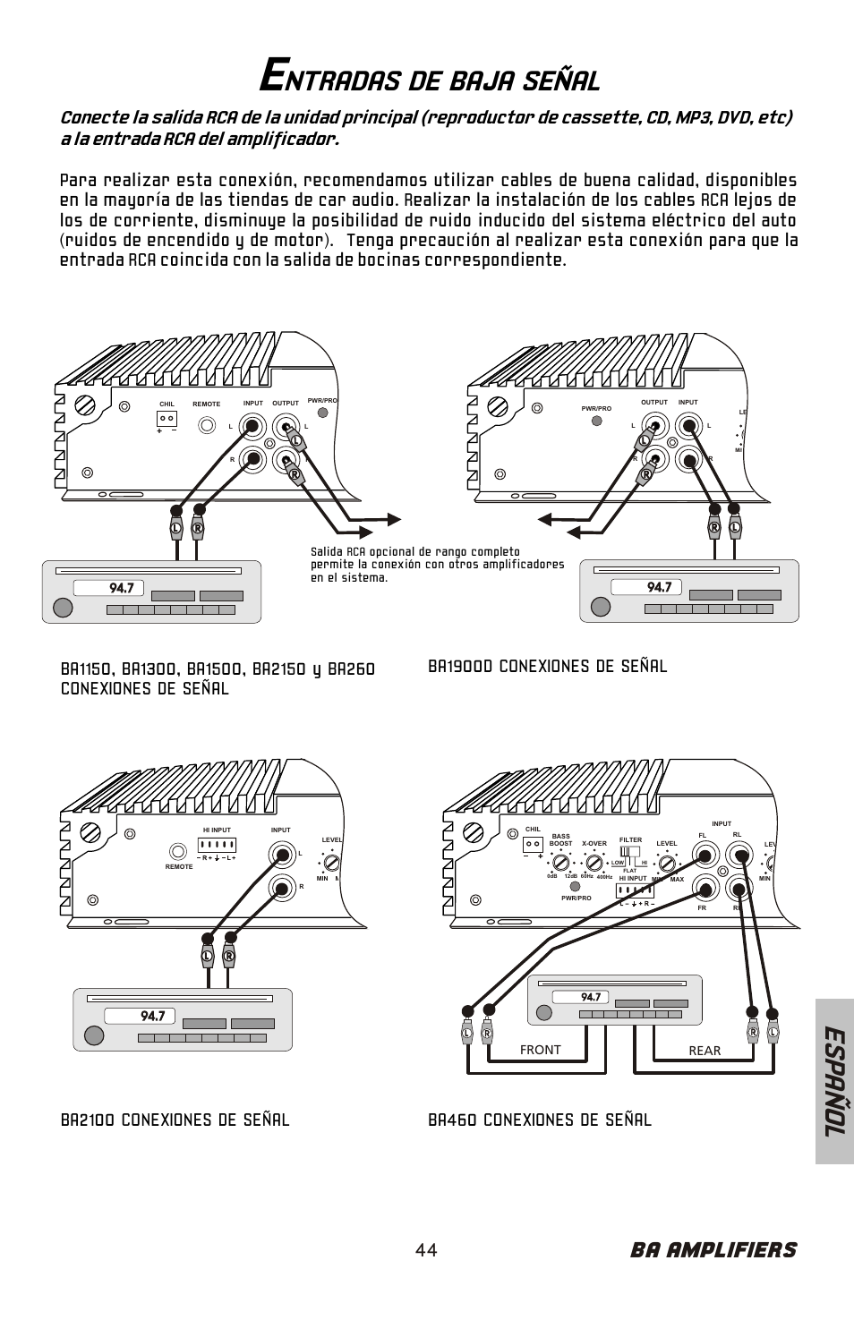 Ntradas de baja señal, Es pa ñ o l, Ba amplifiers | Ba2100 conexiones de señal, Front rear | Bazooka BA260 User Manual | Page 45 / 60