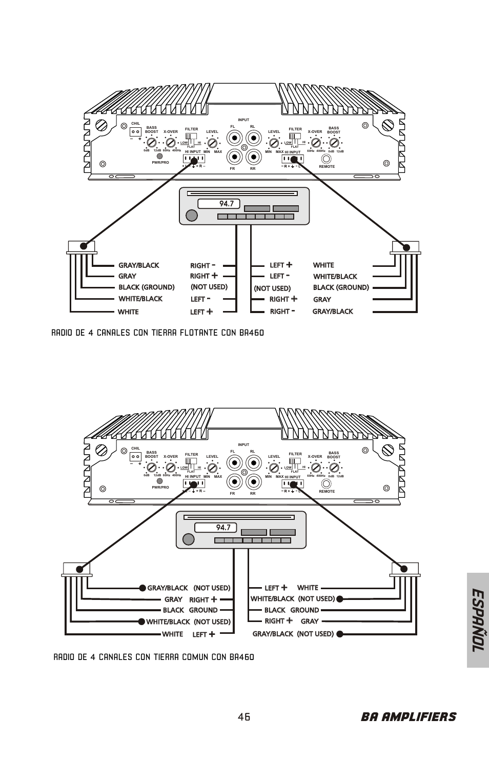 Es pa ñ o l, Ba amplifiers, Radio de 4 canales con tierra comun con ba460 | Radio de 4 canales con tierra flotante con ba460 | Bazooka BA260 User Manual | Page 47 / 60