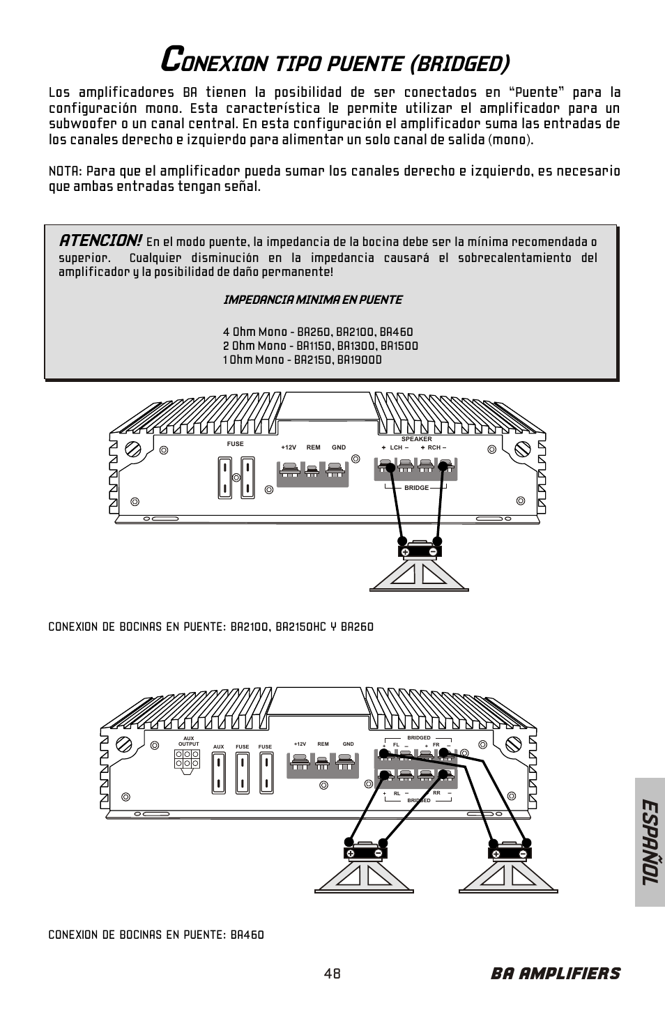 Onexion tipo puente (bridged), Es pa ñ o l, Ba amplifiers | Atencion | Bazooka BA260 User Manual | Page 49 / 60