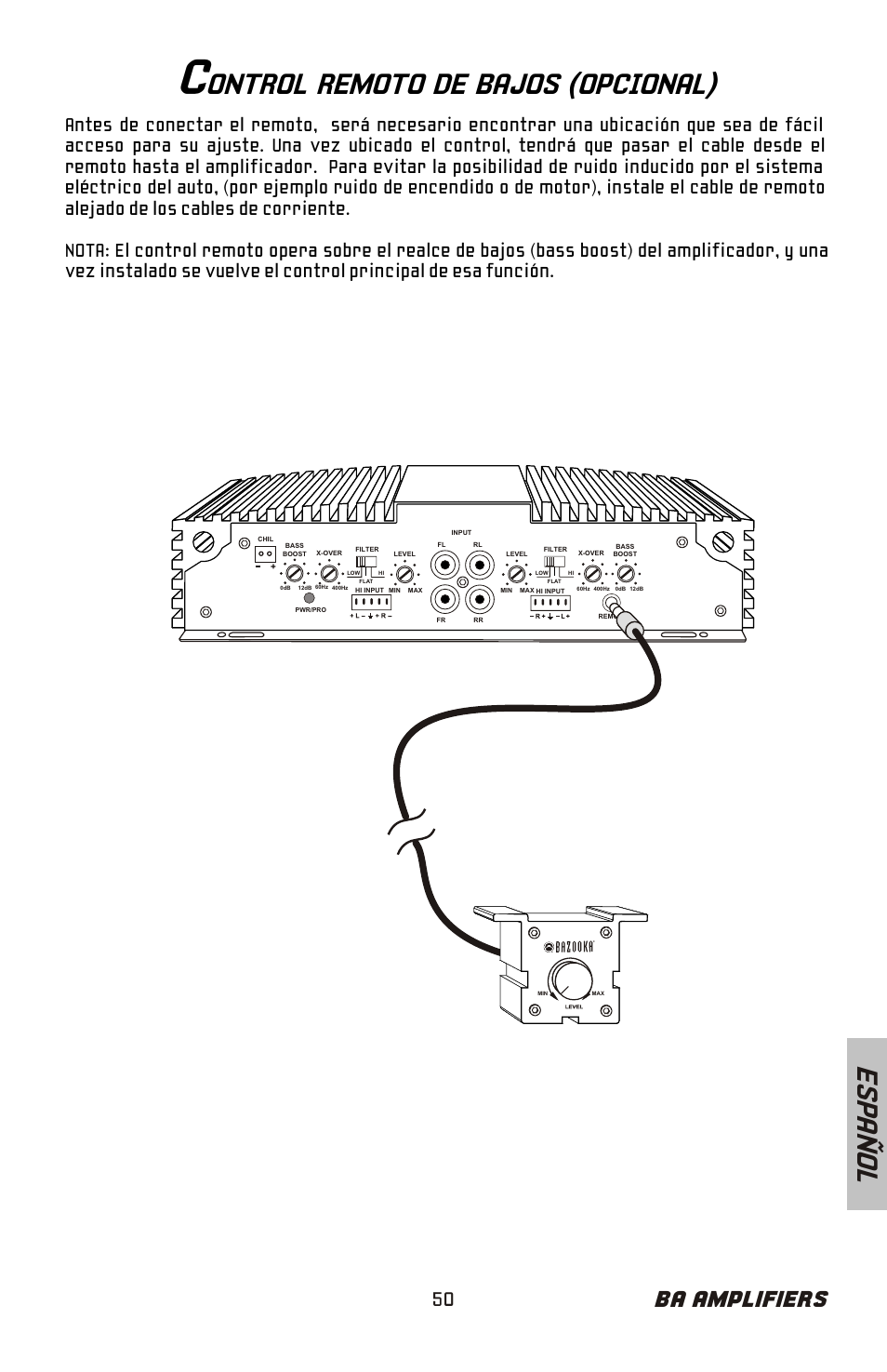 Ontrol remoto de bajos (opcional), Es pa ñ o l, Ba amplifiers | Bazooka BA260 User Manual | Page 51 / 60