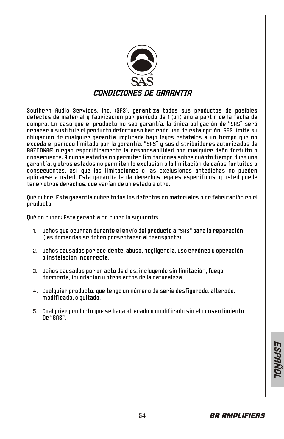 Es pa ñ o l, Condiciones de garantia, Ba amplifiers | Bazooka BA260 User Manual | Page 55 / 60