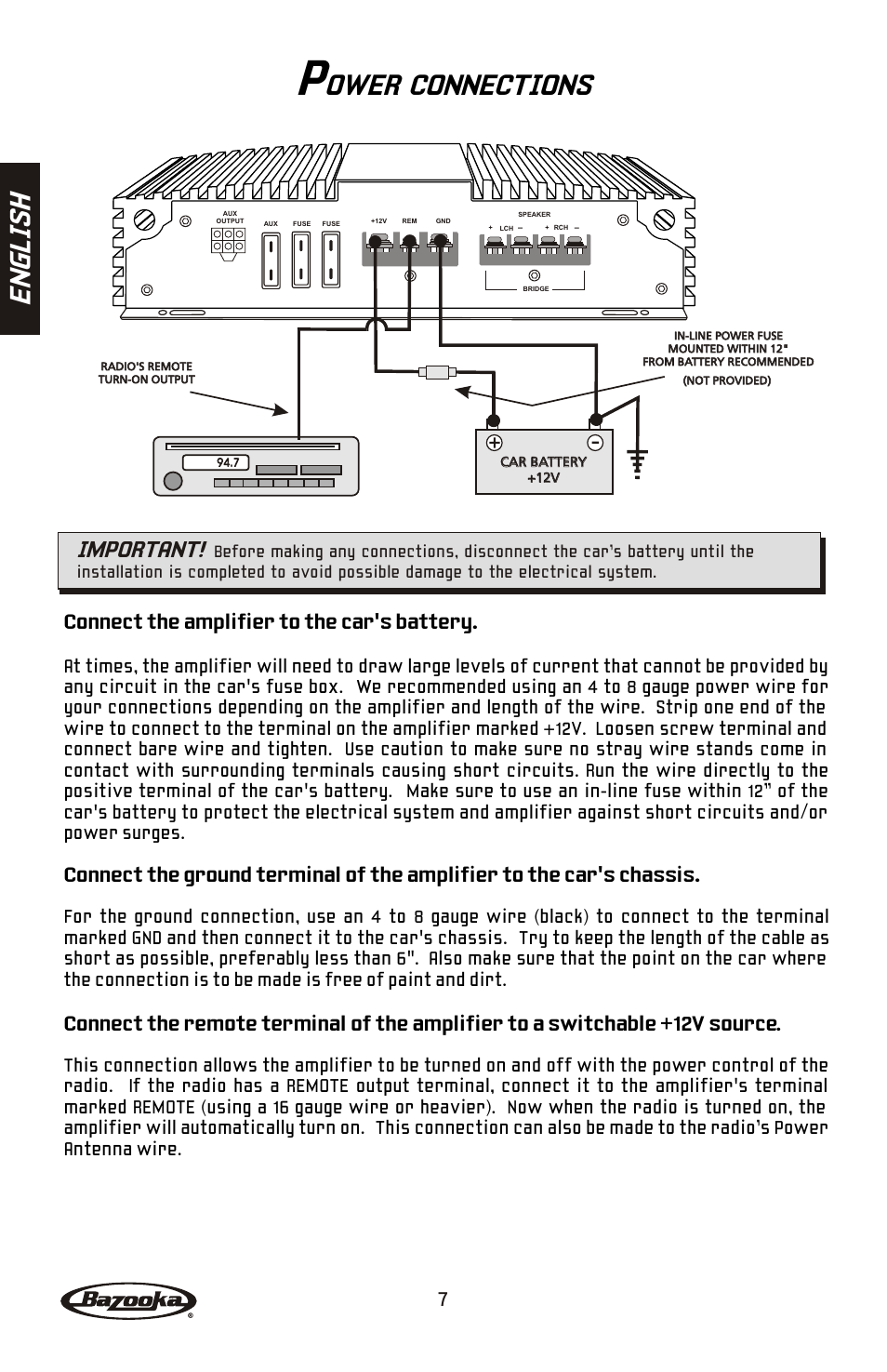 Ower connections, En gl is h, Important | Connect the amplifier to the car's battery | Bazooka BA260 User Manual | Page 8 / 60