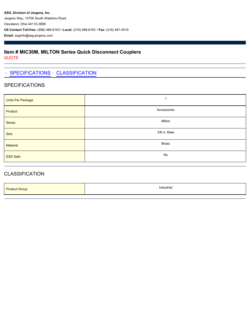 ASG Jergens MIC30M MILTON Series Quick Disconnect Couplers User Manual | 1 page