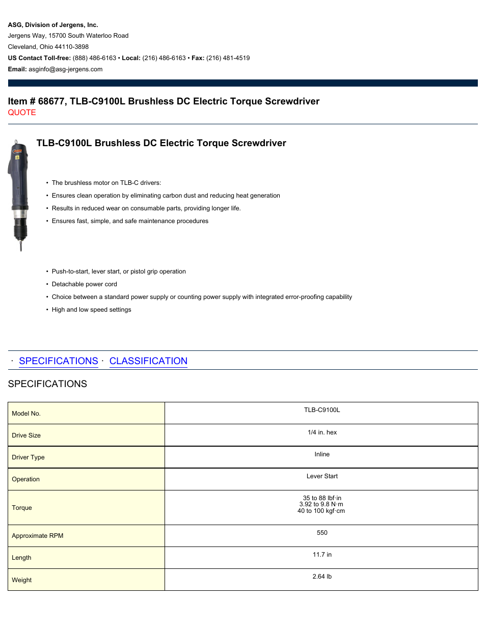 ASG Jergens 68677 TLB-C9100L User Manual | 2 pages