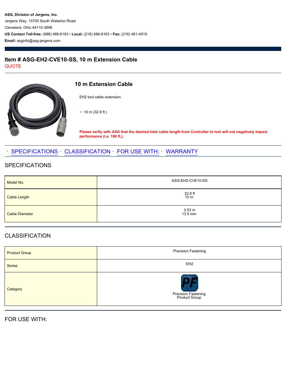 ASG Jergens ASG-EH2-CVE10-SS 10 m Extension Cable User Manual | 2 pages