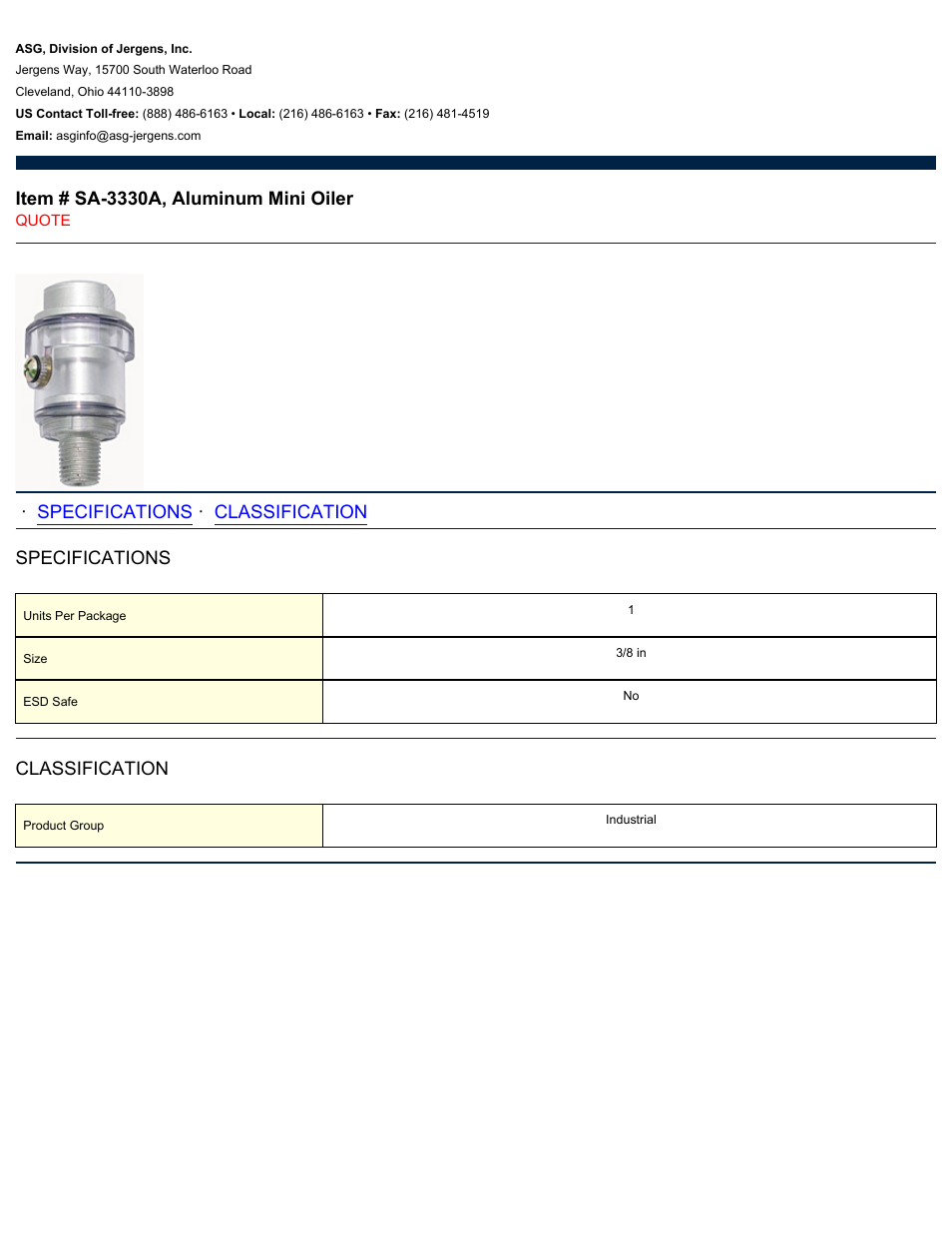 ASG Jergens SA-3330A Aluminum Mini Oiler User Manual | 1 page