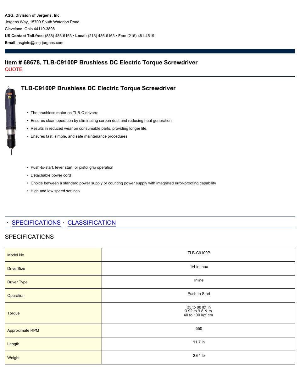 ASG Jergens 68678 TLB-C9100P User Manual | 2 pages
