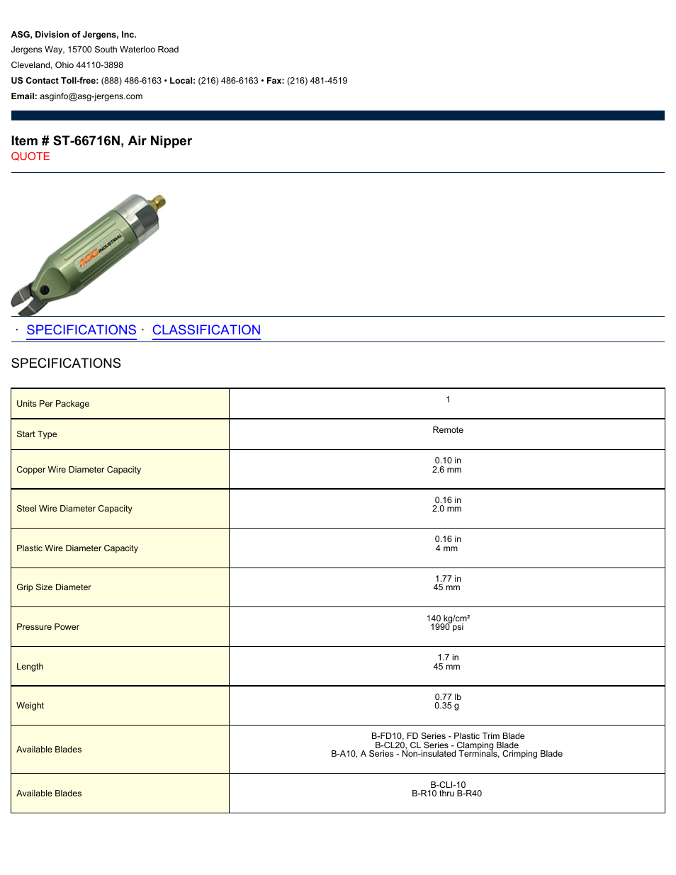 ASG Jergens ST-66716N Air Nipper User Manual | 2 pages