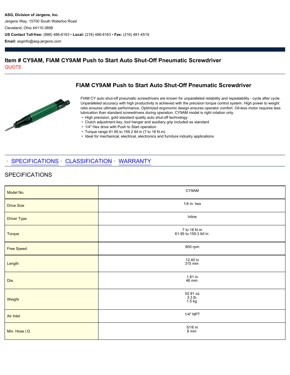 ASG Jergens CY9AM User Manual | 2 pages