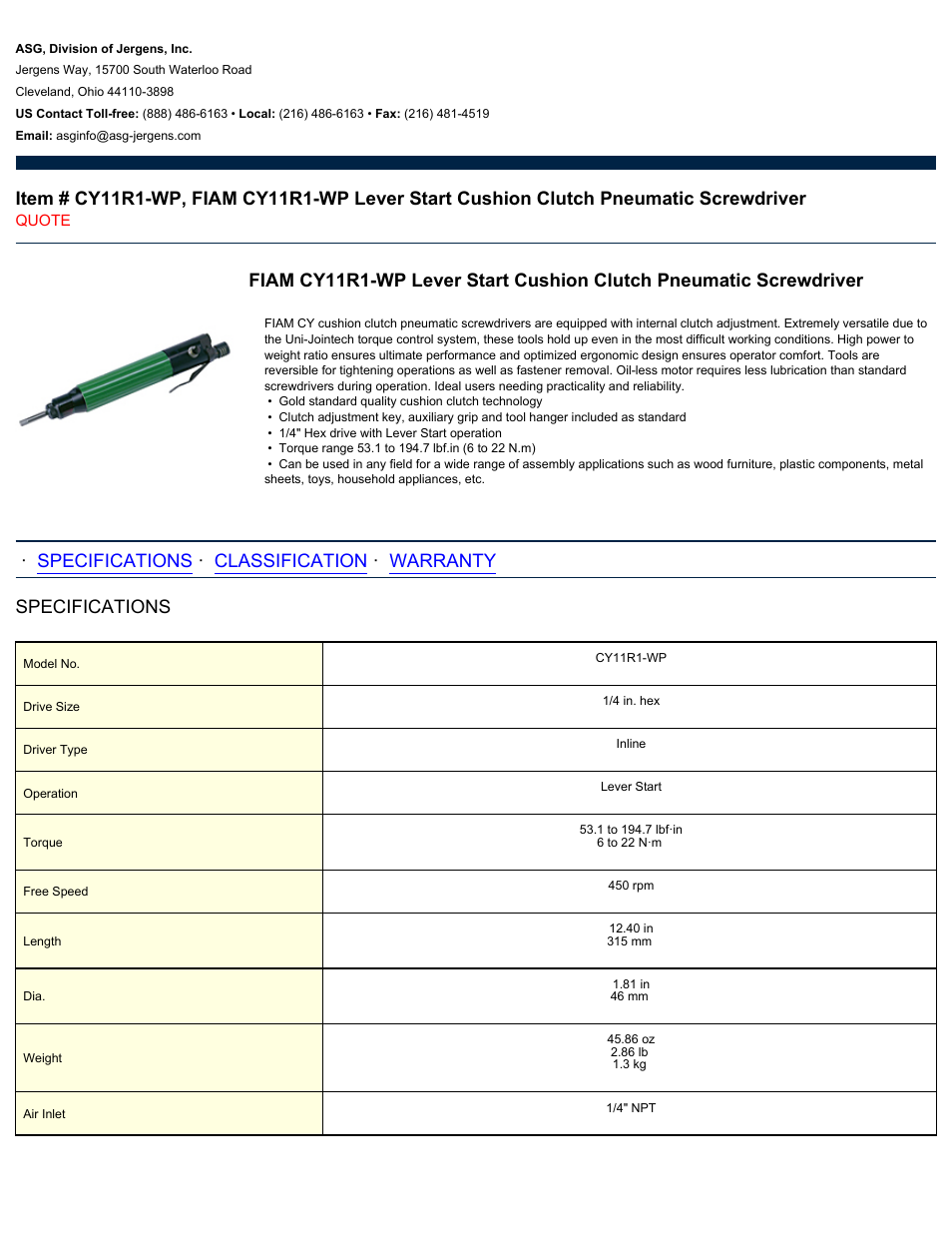 ASG Jergens CY11R1-WP User Manual | 2 pages