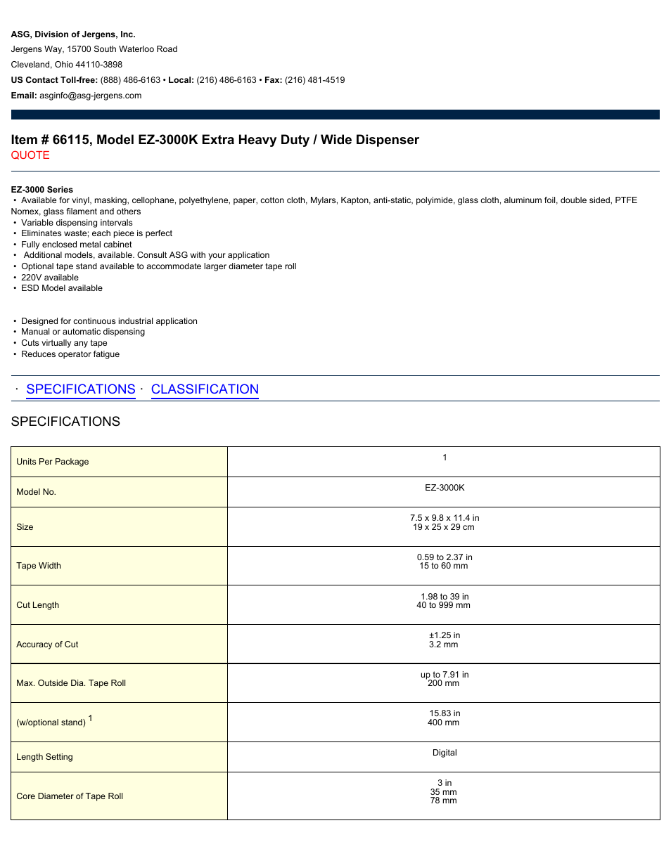 ASG Jergens 66115 EZ-3000K User Manual | 2 pages