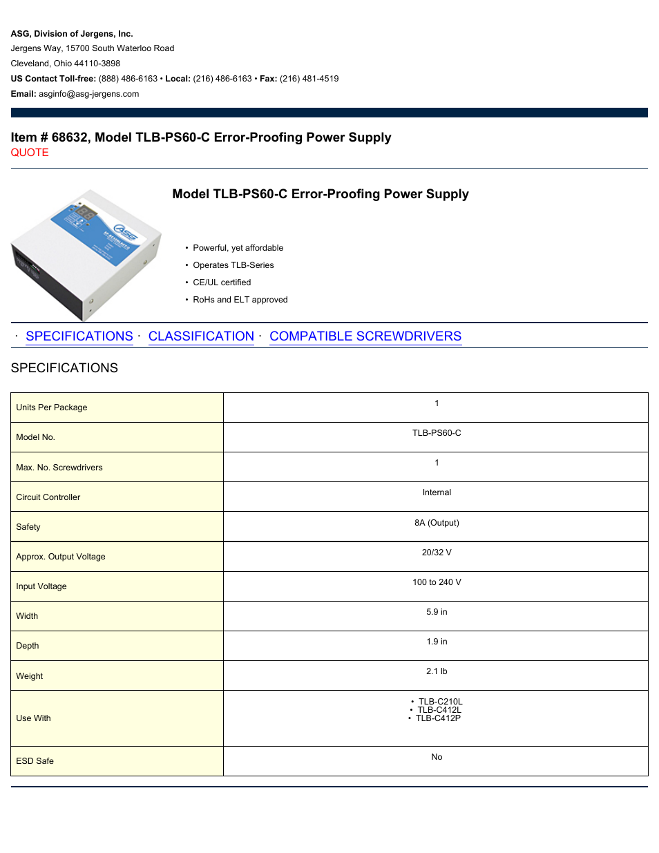 ASG Jergens 68632 TLB-PS60-C Error-Proofing Power Supply User Manual | 2 pages