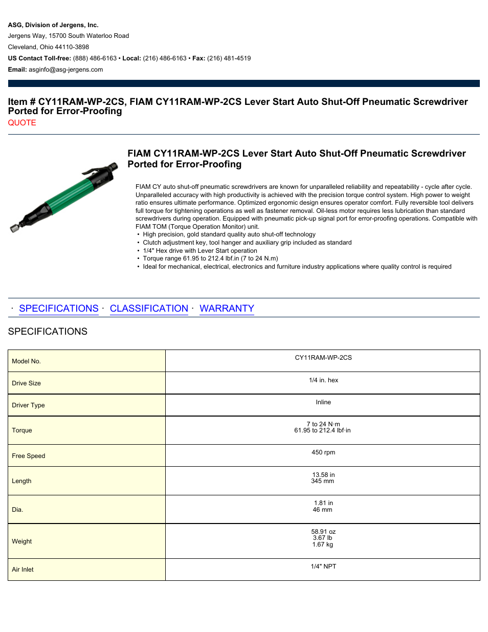 ASG Jergens CY11RAM-WP-2CS User Manual | 2 pages
