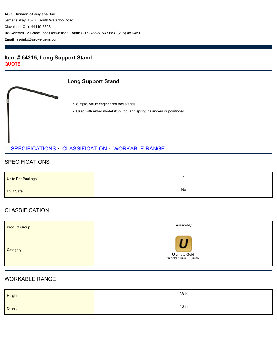 ASG Jergens 64315 Long Support Stand User Manual | 1 page