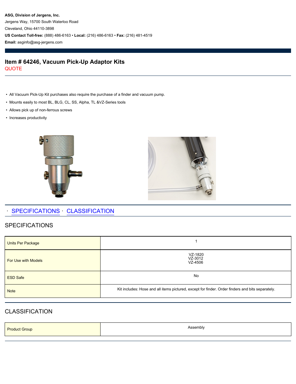 ASG Jergens 64246 Vacuum Pick-Up Adaptor Kits User Manual | 1 page