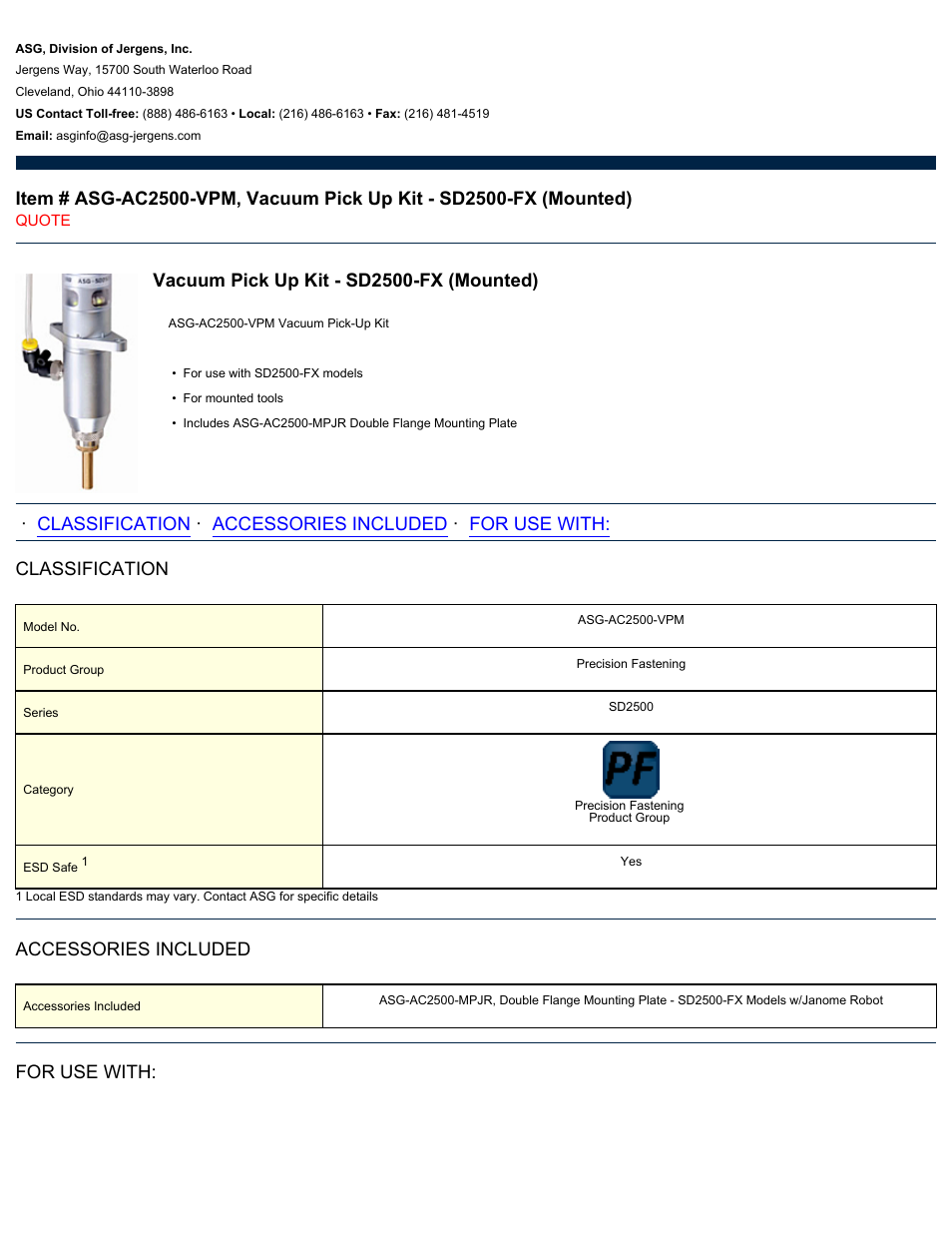 ASG Jergens ASG-AC2500-VPM Vacuum Pick Up Kit - SD2500-FX  User Manual | 2 pages