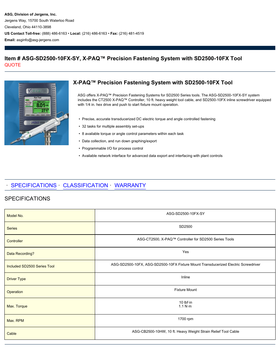 ASG Jergens ASG-SD2500-10FX-SY User Manual | 2 pages