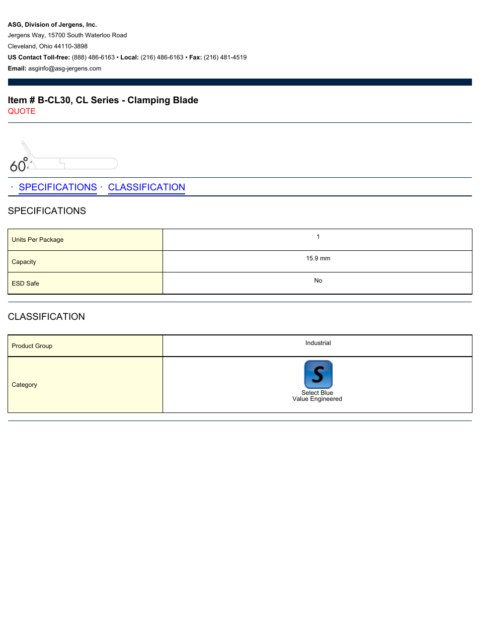 ASG Jergens B-CL30 CL Series - Clamping Blade User Manual | 1 page