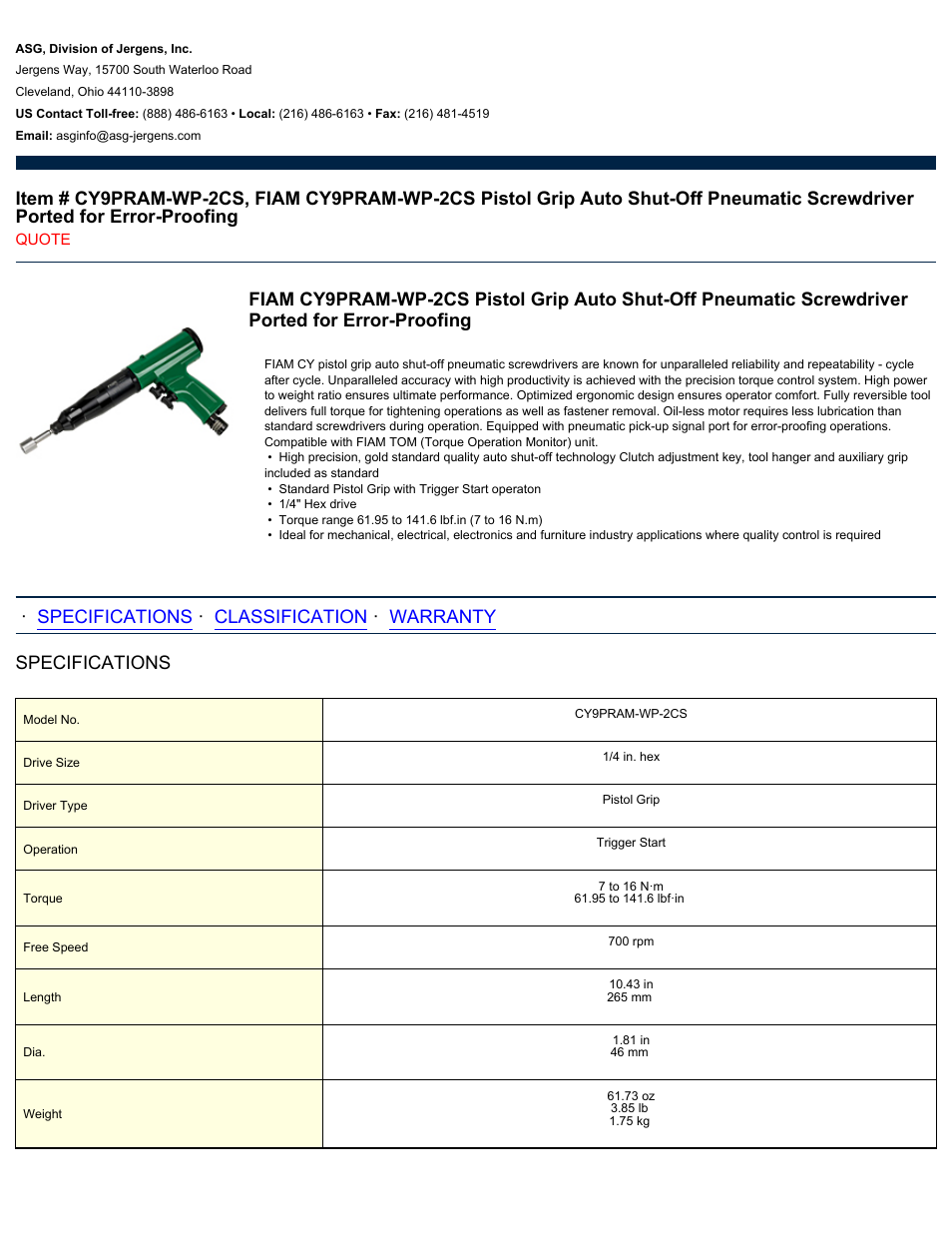 ASG Jergens CY9PRAM-WP-2CS User Manual | 2 pages