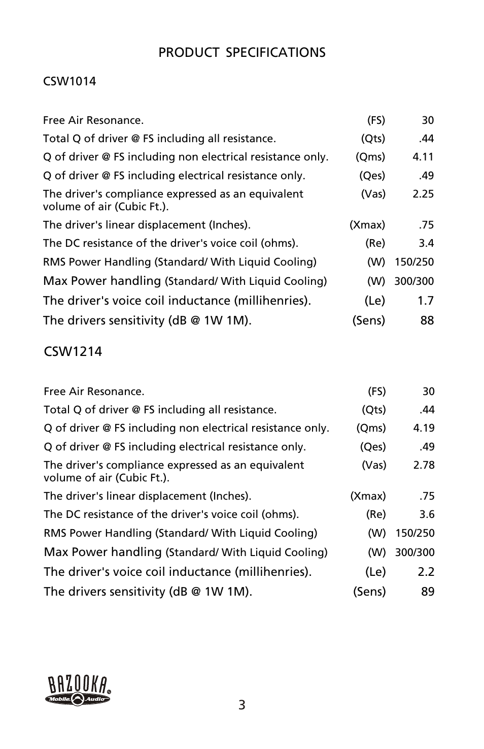 Product, Specifications, Csw1214 | Bazooka CSW1214 User Manual | Page 4 / 8