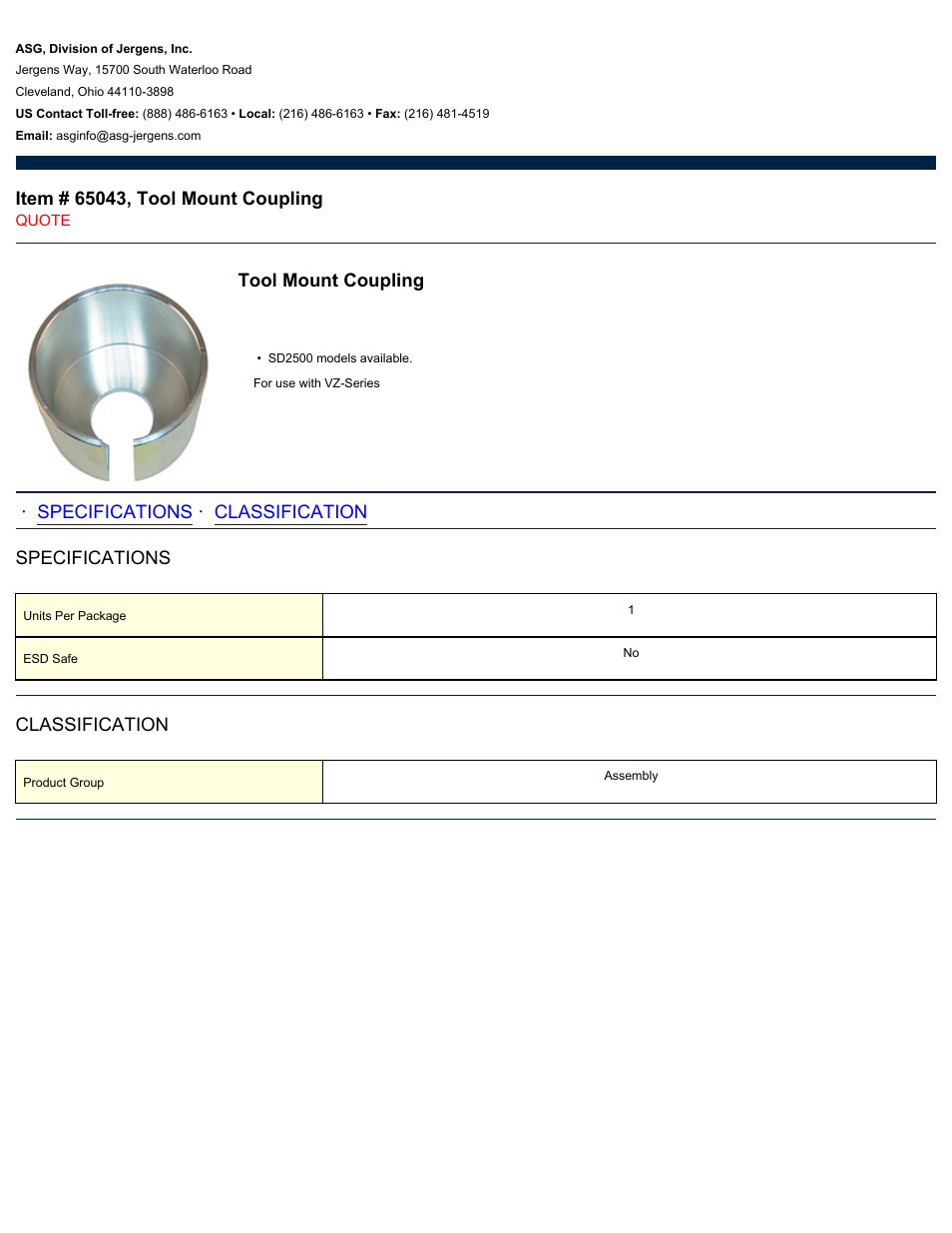 ASG Jergens 65043 Tool Mount Coupling User Manual | 1 page