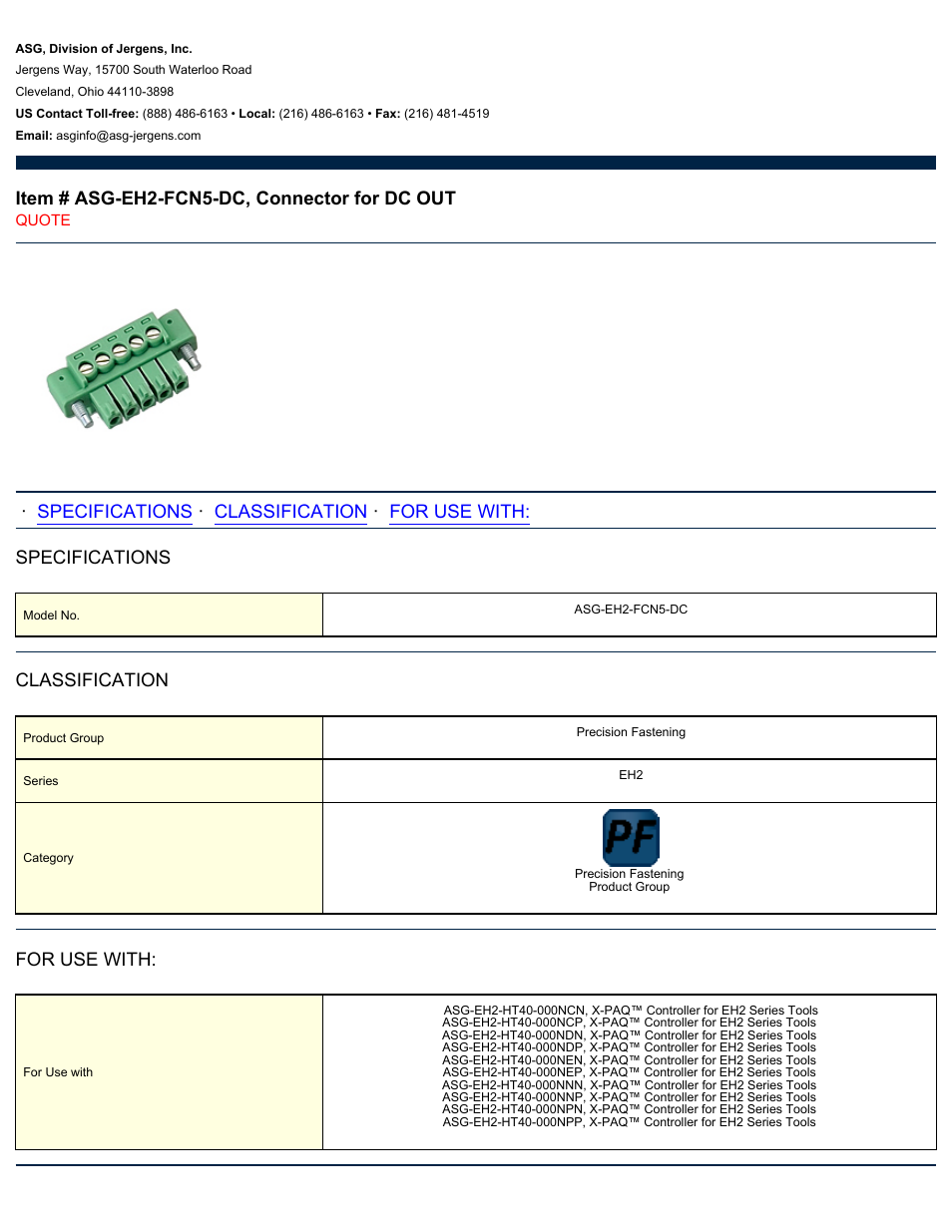 ASG Jergens ASG-EH2-FCN5-DC Connector User Manual | 1 page