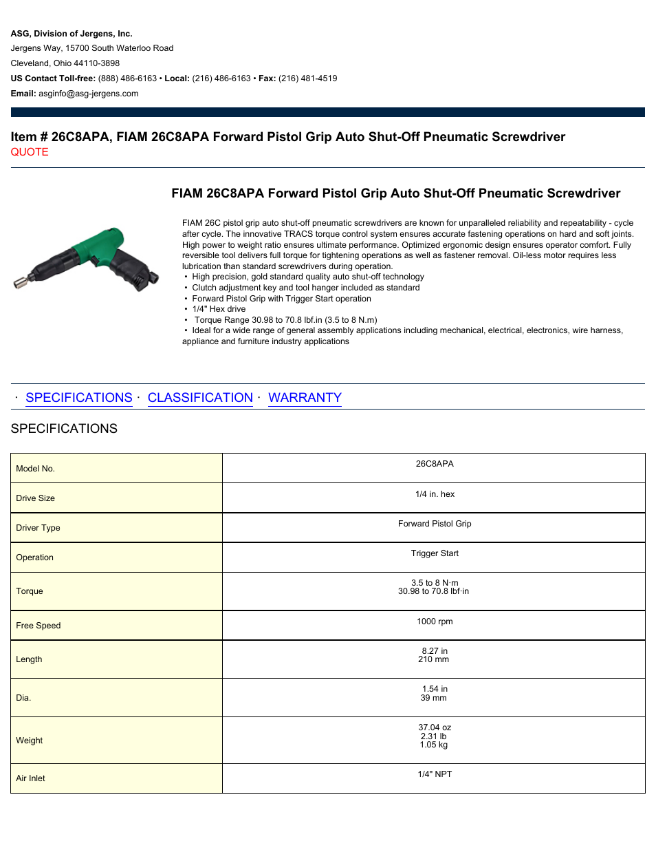 ASG Jergens 26C8APA User Manual | 2 pages