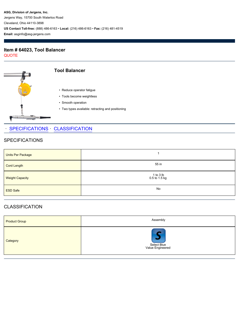 ASG Jergens 64023 Tool Balancer User Manual | 1 page