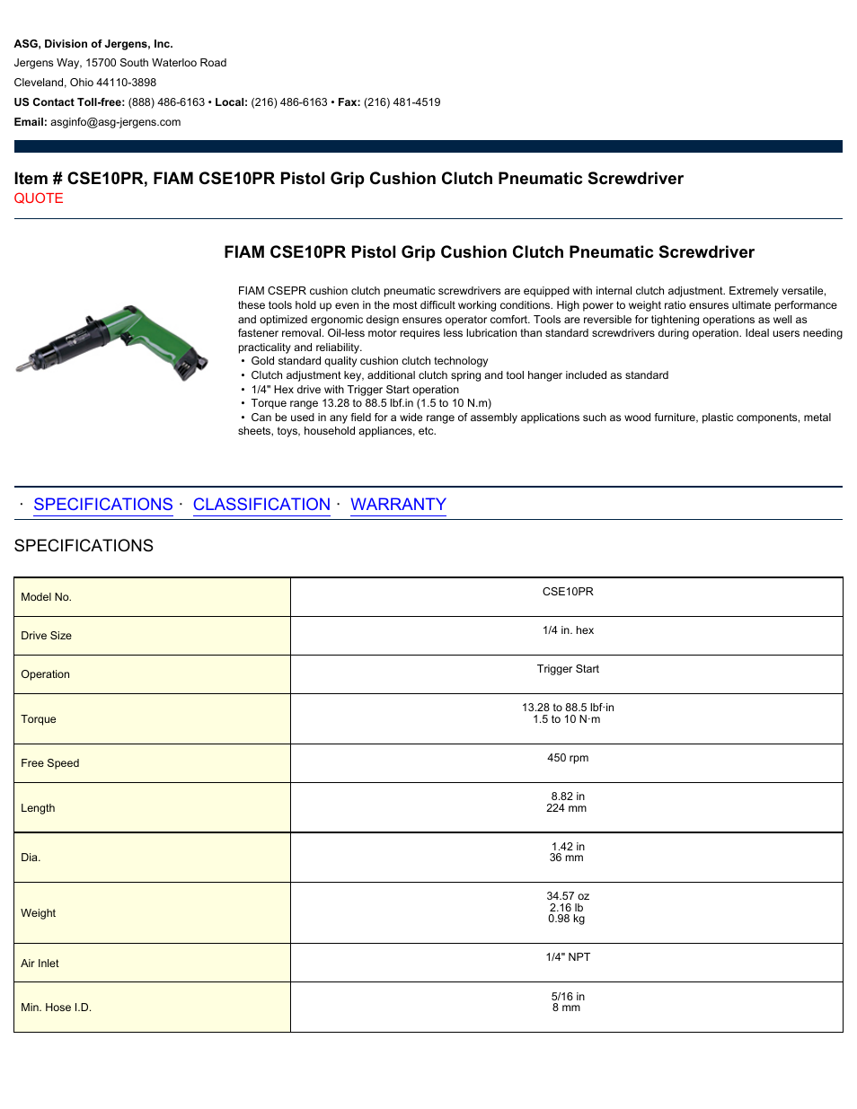 ASG Jergens CSE10PR User Manual | 2 pages