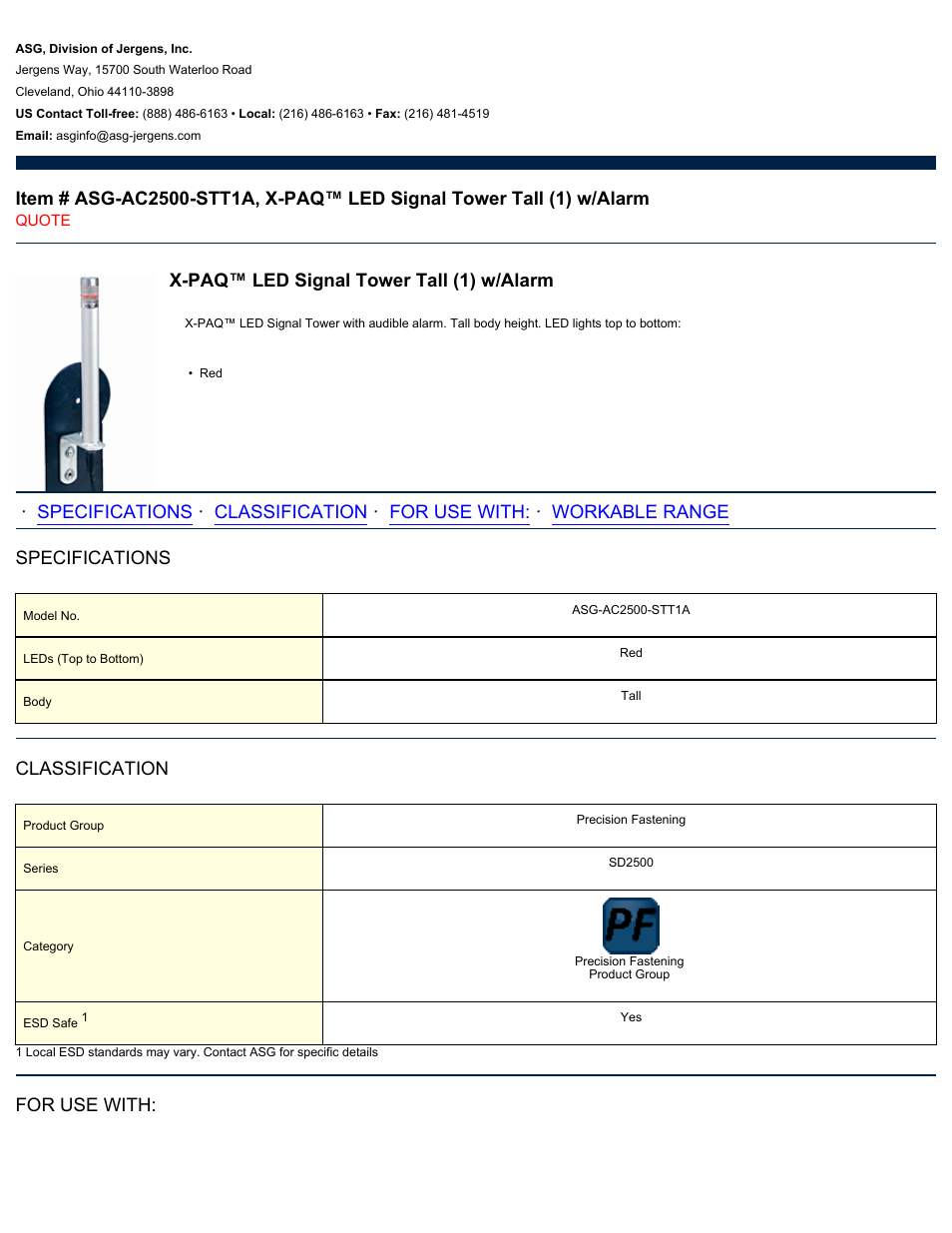 ASG Jergens ASG-AC2500-STT1A LED Signal Tower Tall User Manual | 2 pages