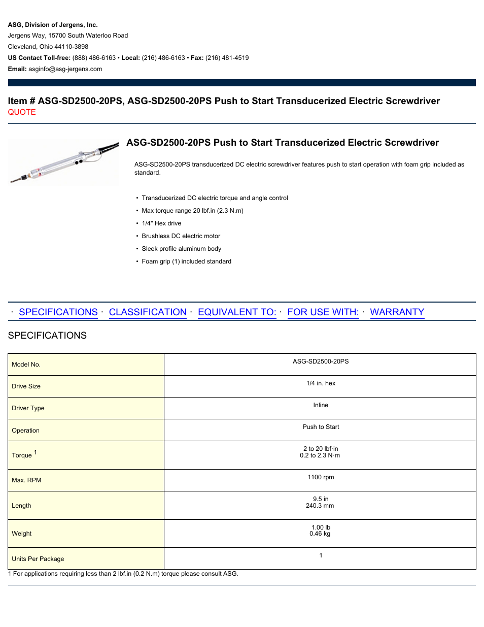 ASG Jergens ASG-SD2500-20PS User Manual | 2 pages