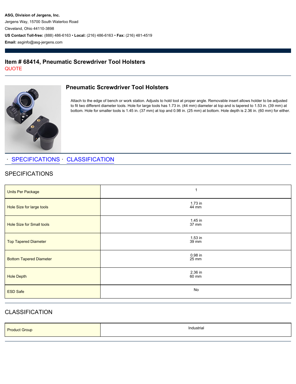 ASG Jergens 68414 Pneumatic Screwdriver Tool Holsters User Manual | 1 page