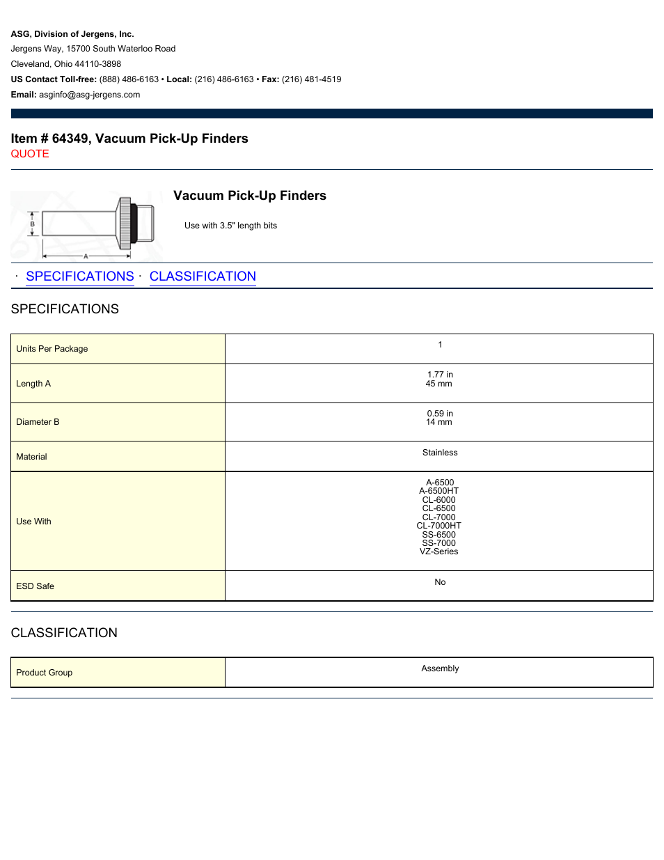 ASG Jergens 64349 Vacuum Pick-Up Finders User Manual | 1 page