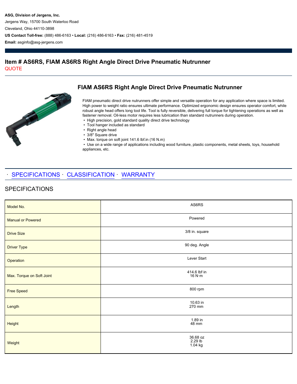 ASG Jergens AS6RS User Manual | 2 pages