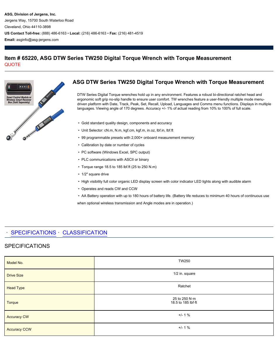 ASG Jergens 65220 TW250 User Manual | 2 pages