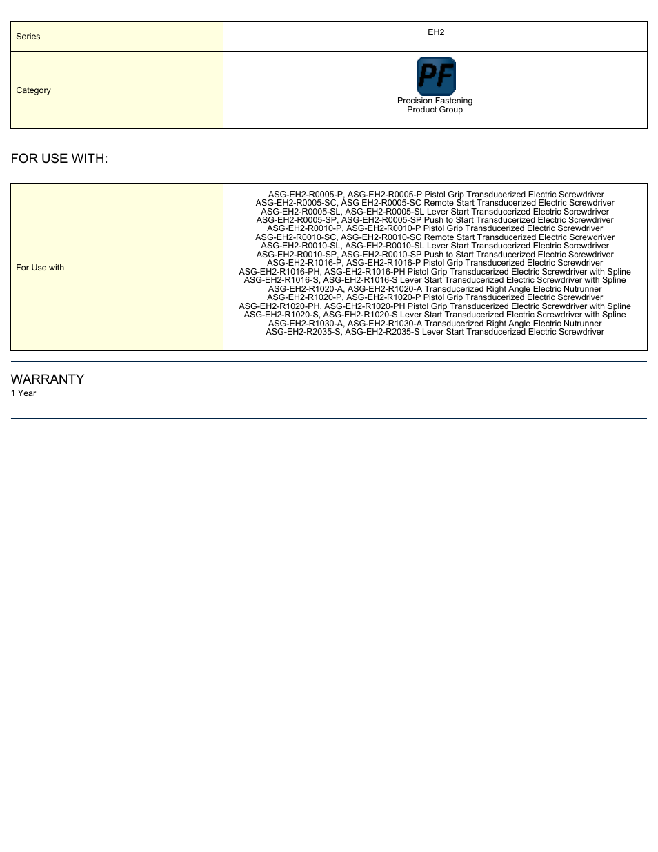 For use with, Warranty | ASG Jergens ASG-EH2-HT40-000NNP User Manual | Page 2 / 2
