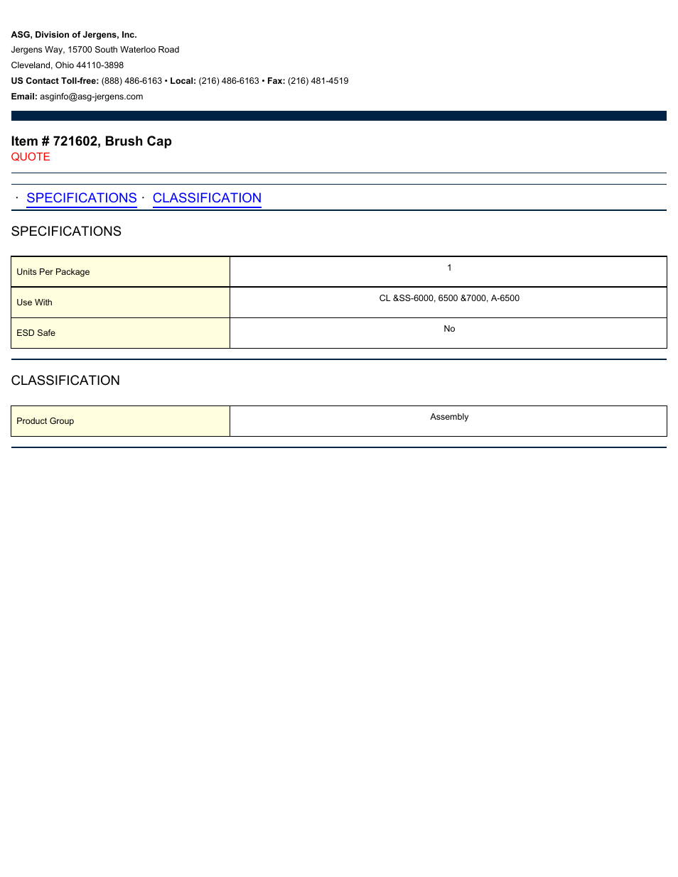 ASG Jergens 721602 Brush Cap User Manual | 1 page