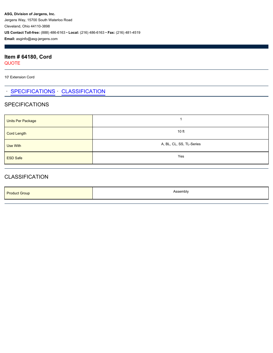ASG Jergens 64180 Cord User Manual | 1 page