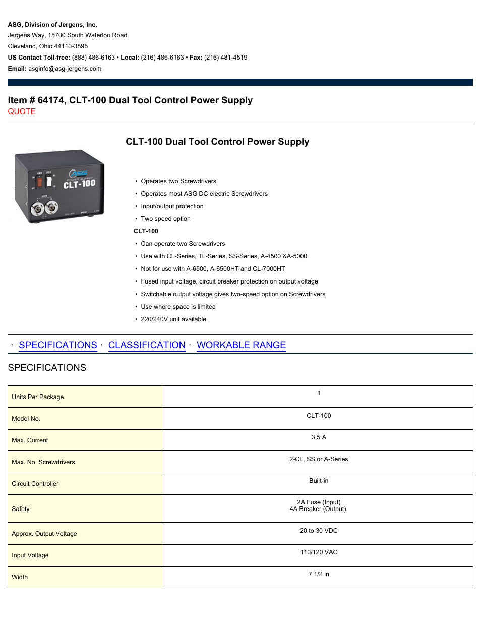 ASG Jergens 64174 CLT-100 Dual Tool Control Power Supply User Manual | 2 pages