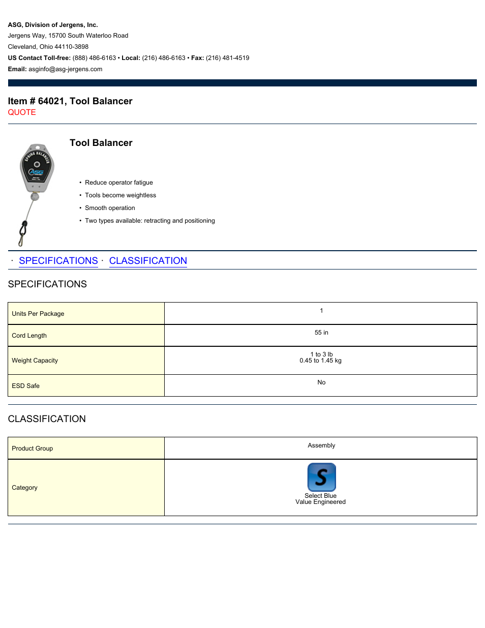 ASG Jergens 64021 Tool Balancer User Manual | 1 page