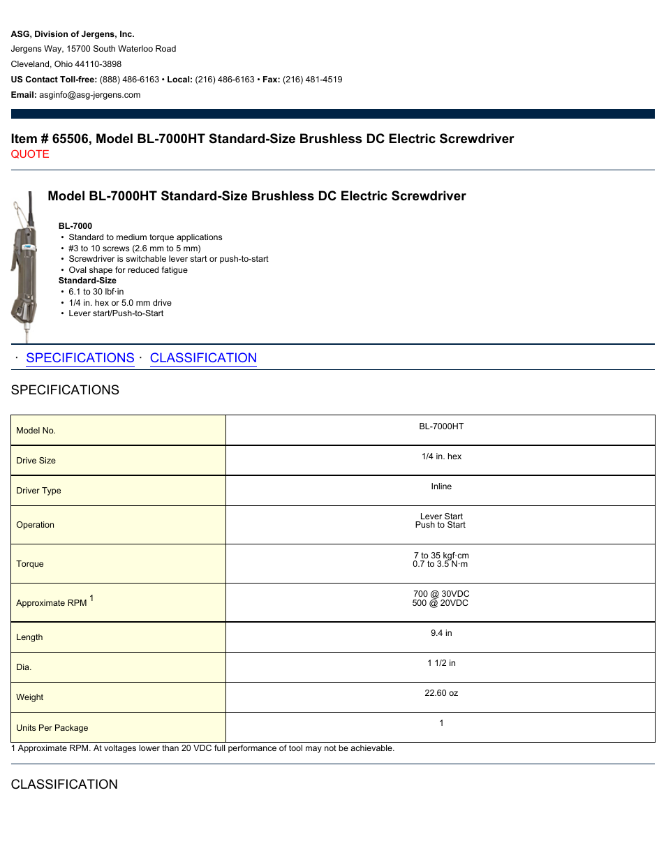 ASG Jergens 65506 BL-7000HT User Manual | 2 pages