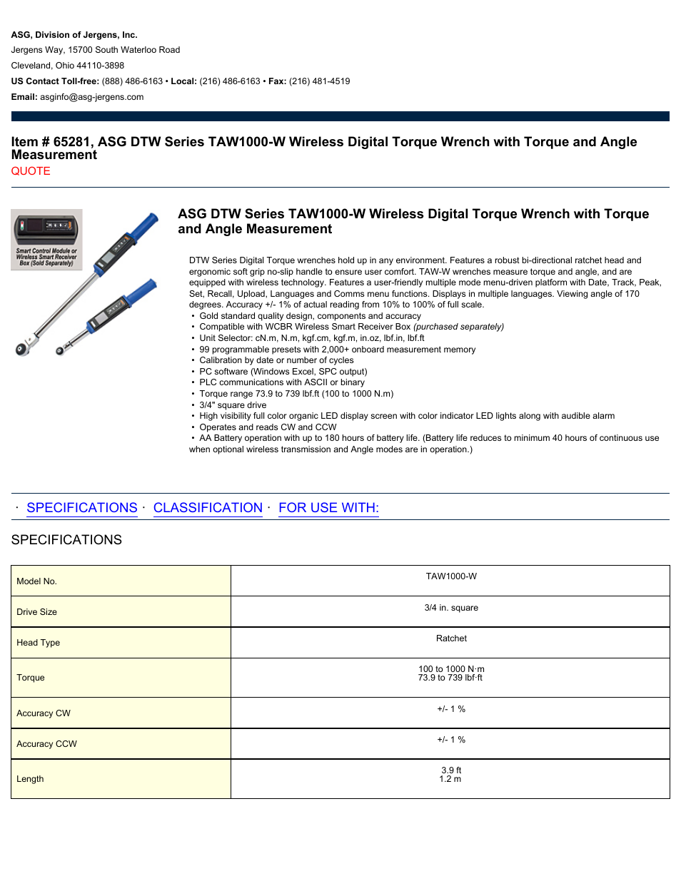 ASG Jergens 65281 TAW1000-W User Manual | 2 pages