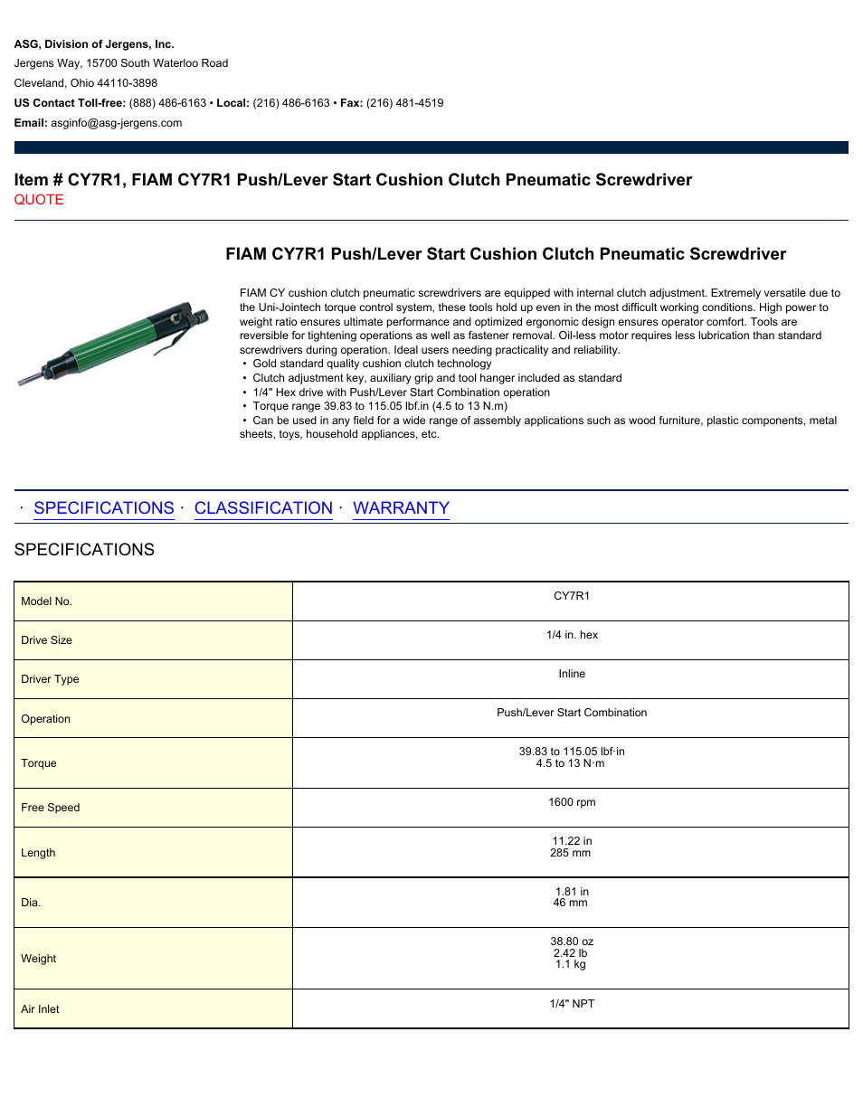 ASG Jergens CY7R1 User Manual | 2 pages