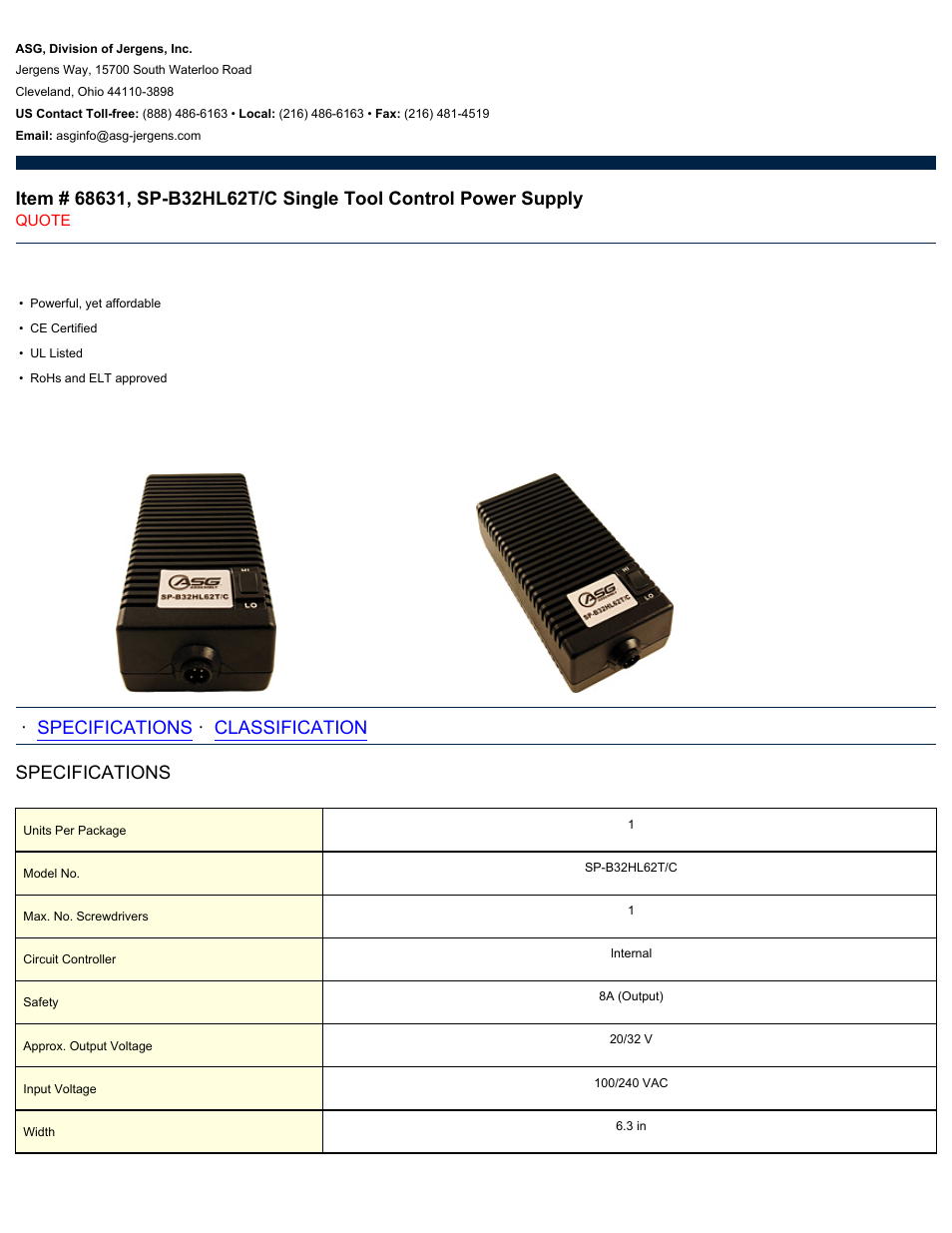ASG Jergens 68631 SP-B32HL62T_C Single Tool Control Power Supply User Manual | 2 pages