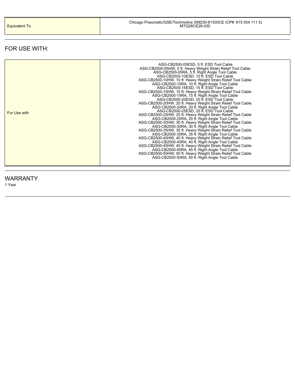 For use with, Warranty | ASG Jergens ASG-CB2500-30EX Extension Cable User Manual | Page 2 / 2
