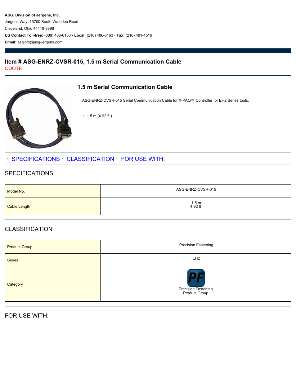 ASG Jergens ASG-ENRZ-CVSR-015 Serial Communication Cable User Manual | 2 pages