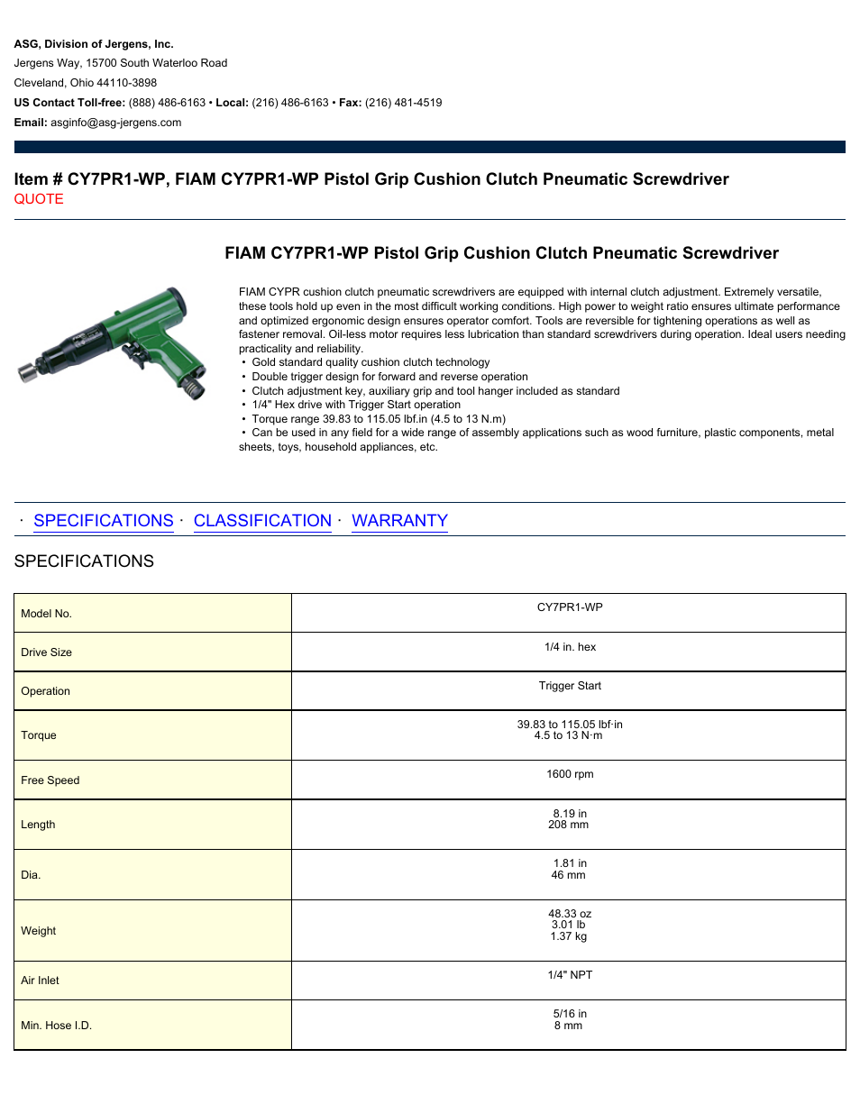 ASG Jergens CY7PR1-WP User Manual | 2 pages