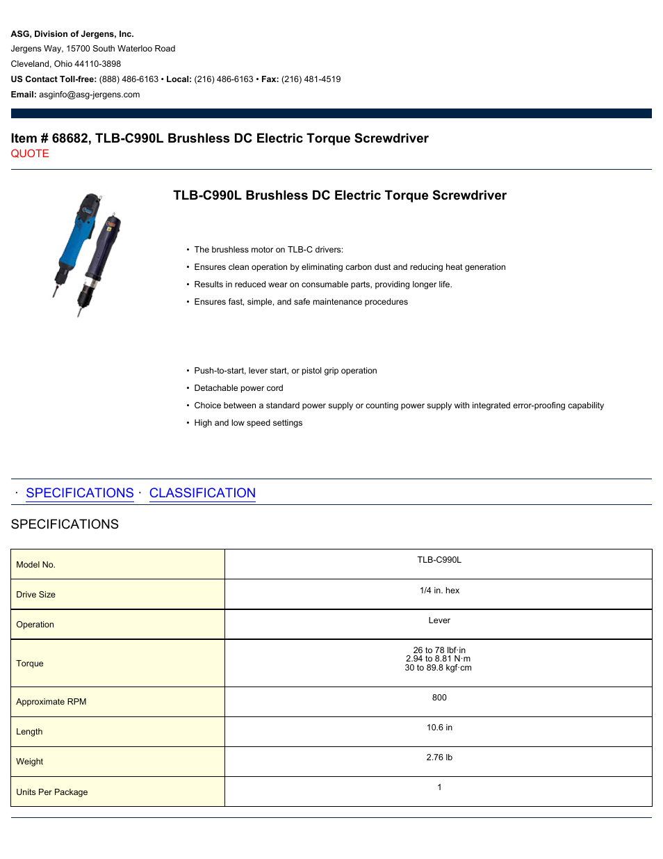 ASG Jergens 68682 TLB-C990L User Manual | 2 pages