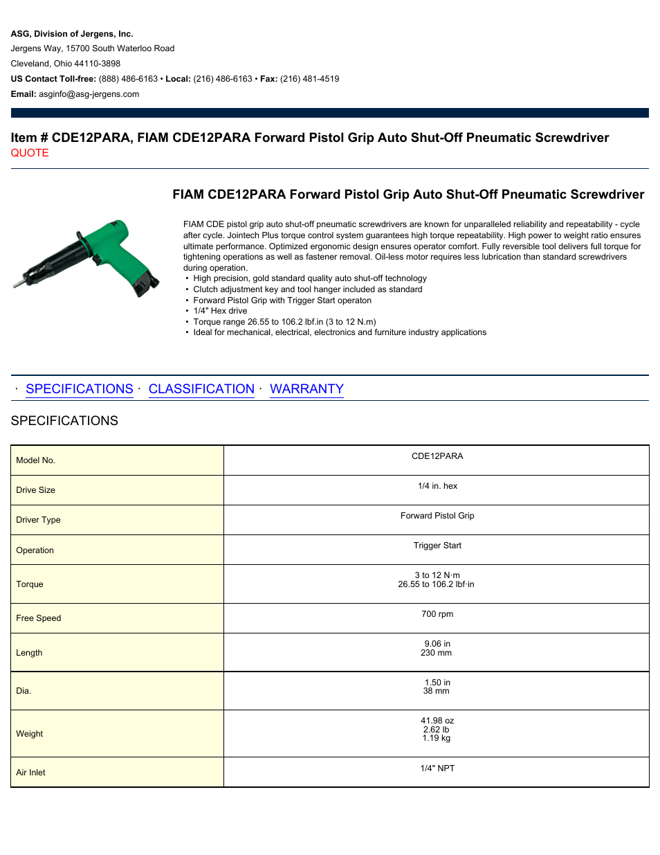 ASG Jergens CDE12PARA User Manual | 2 pages