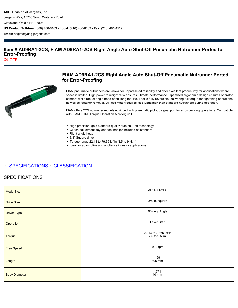 ASG Jergens AD9RA1-2CS User Manual | 2 pages